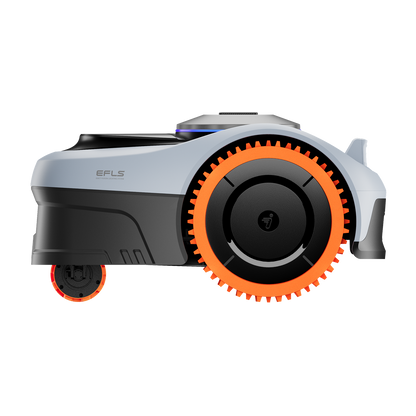 A Segway Navimow i105E robot lawn mower with orange wheels.