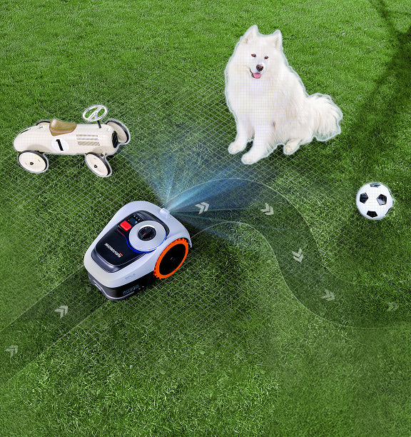 Navimow i110E robot lawn mower avoiding a dog and toys.