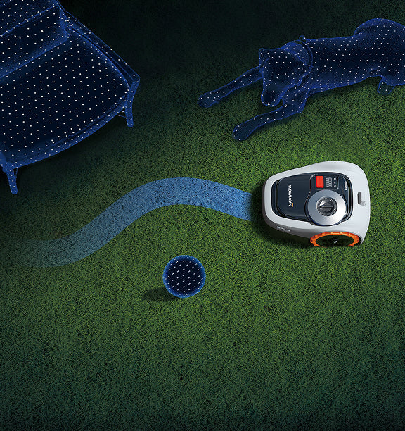 Navimow i110N robot lawn mower avoids a dog and furniture.