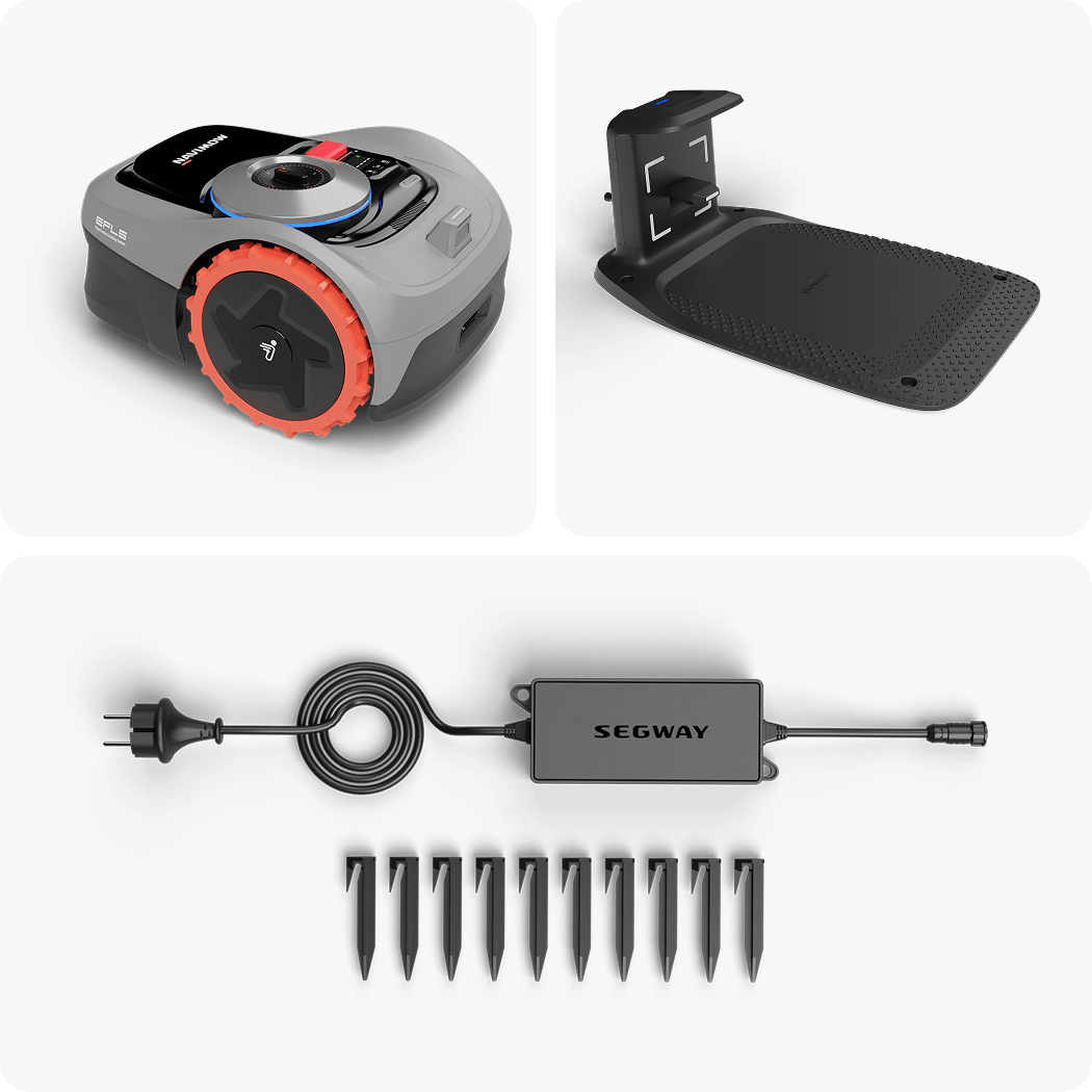 Segway Navimow i105E robot lawn mower with dock and stakes.