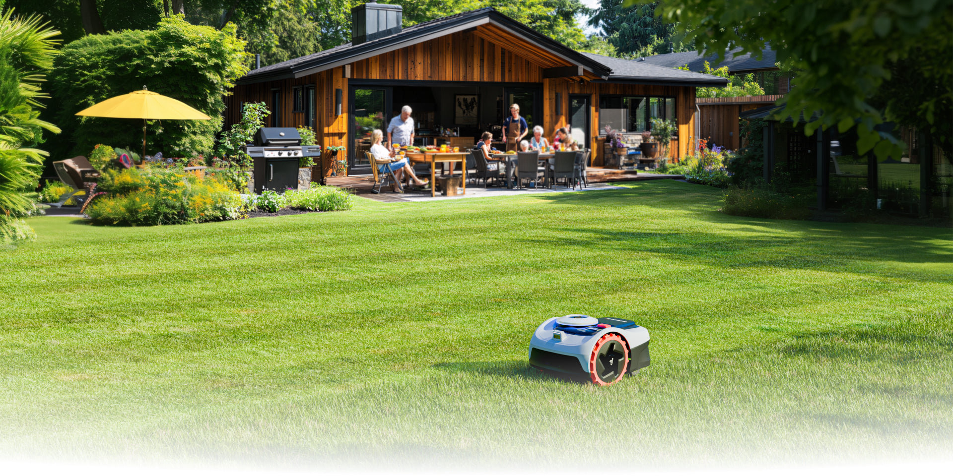 Navimow i110N robot lawn mower mows the green grass backyard.