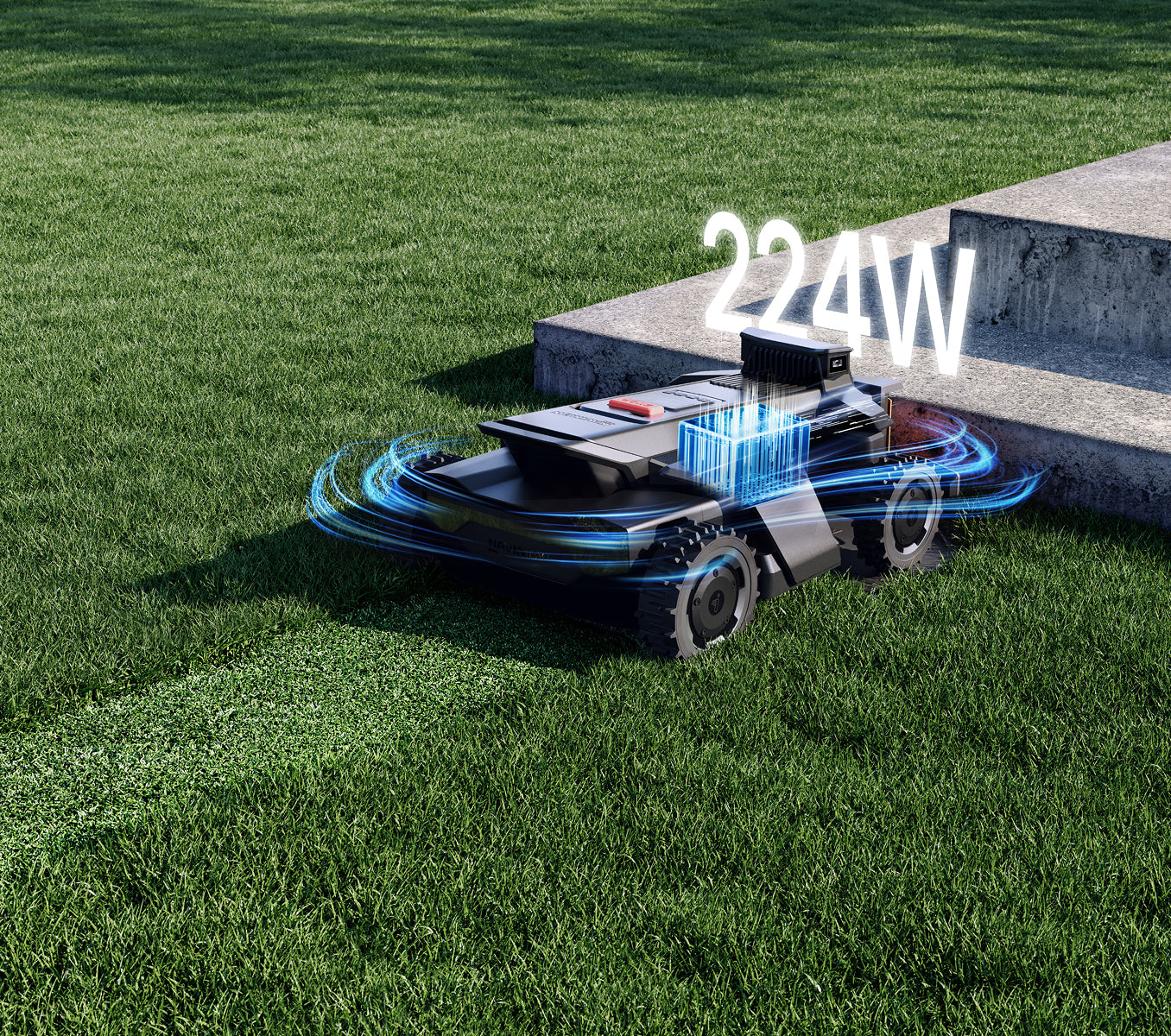 Navimow i110N robot lawn mower mows grass near concrete steps.