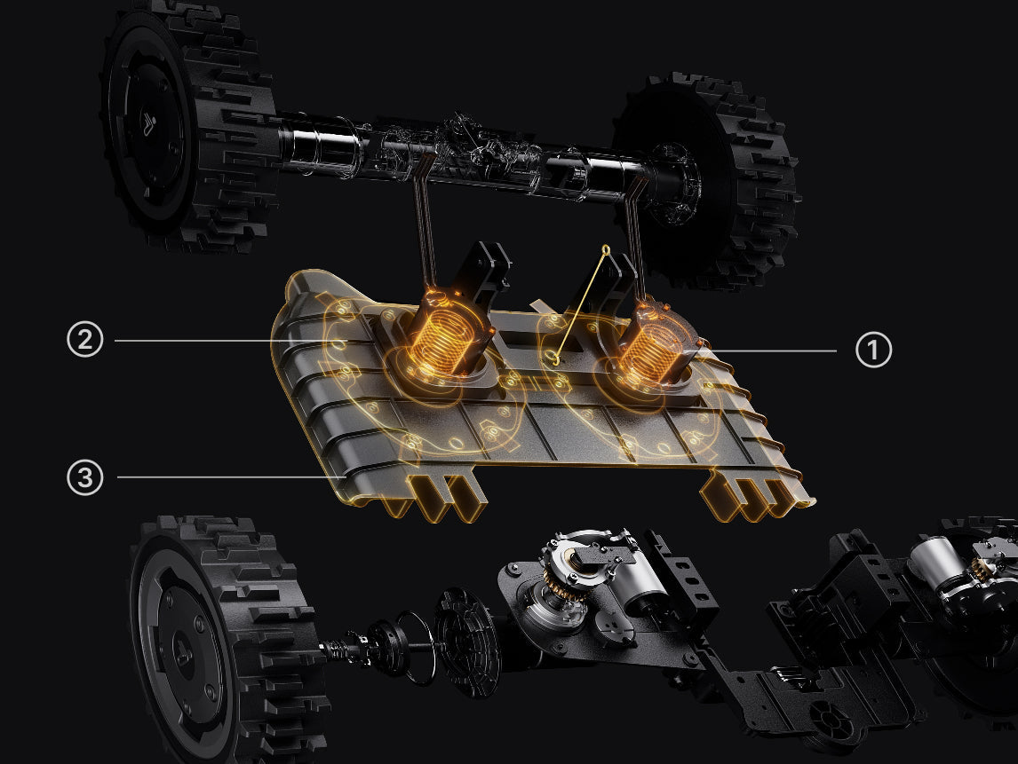 Navimow i105E robot lawn mower internal suspension system components exploded.