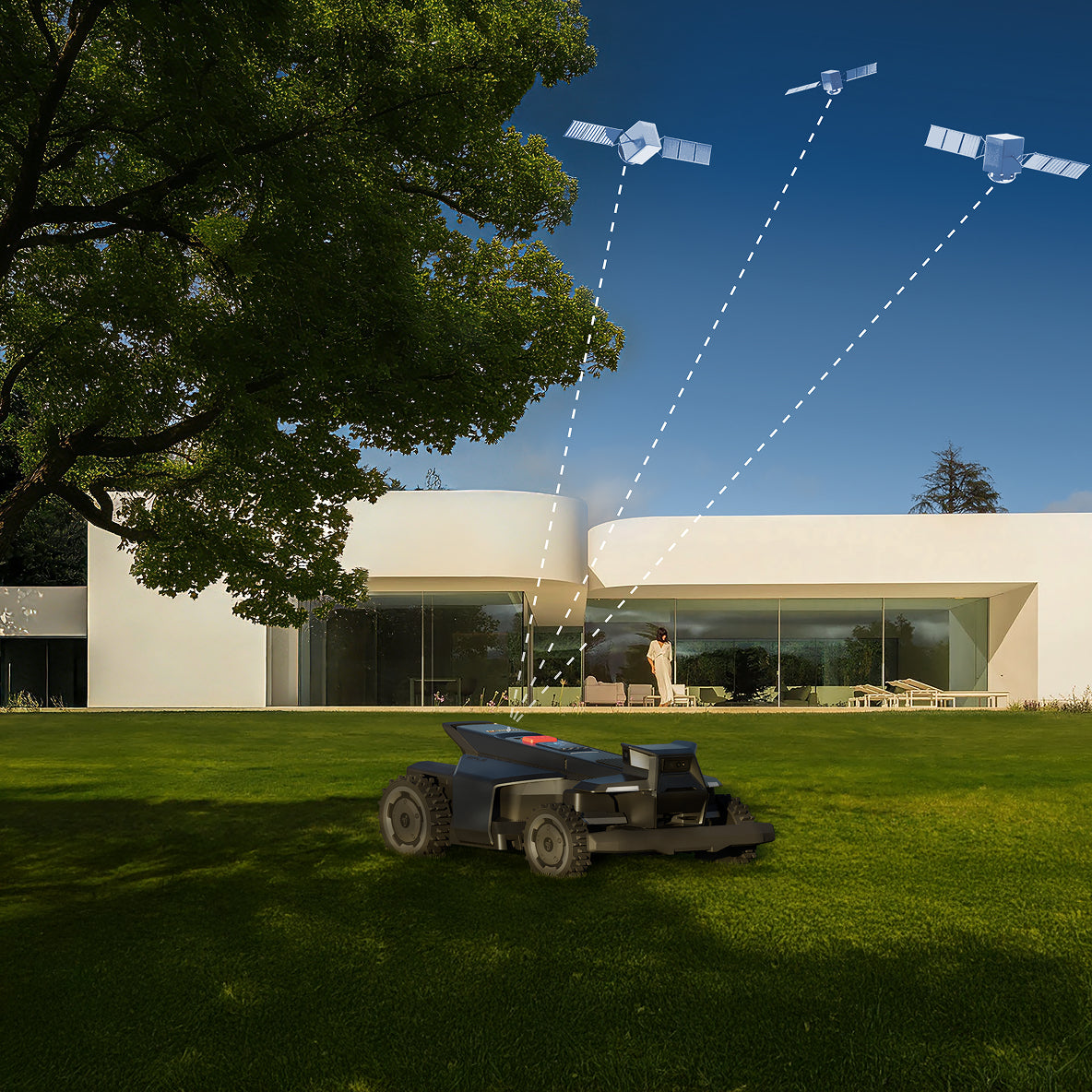 Navimow i110E robot lawn mower mows lawn using satellite signals.