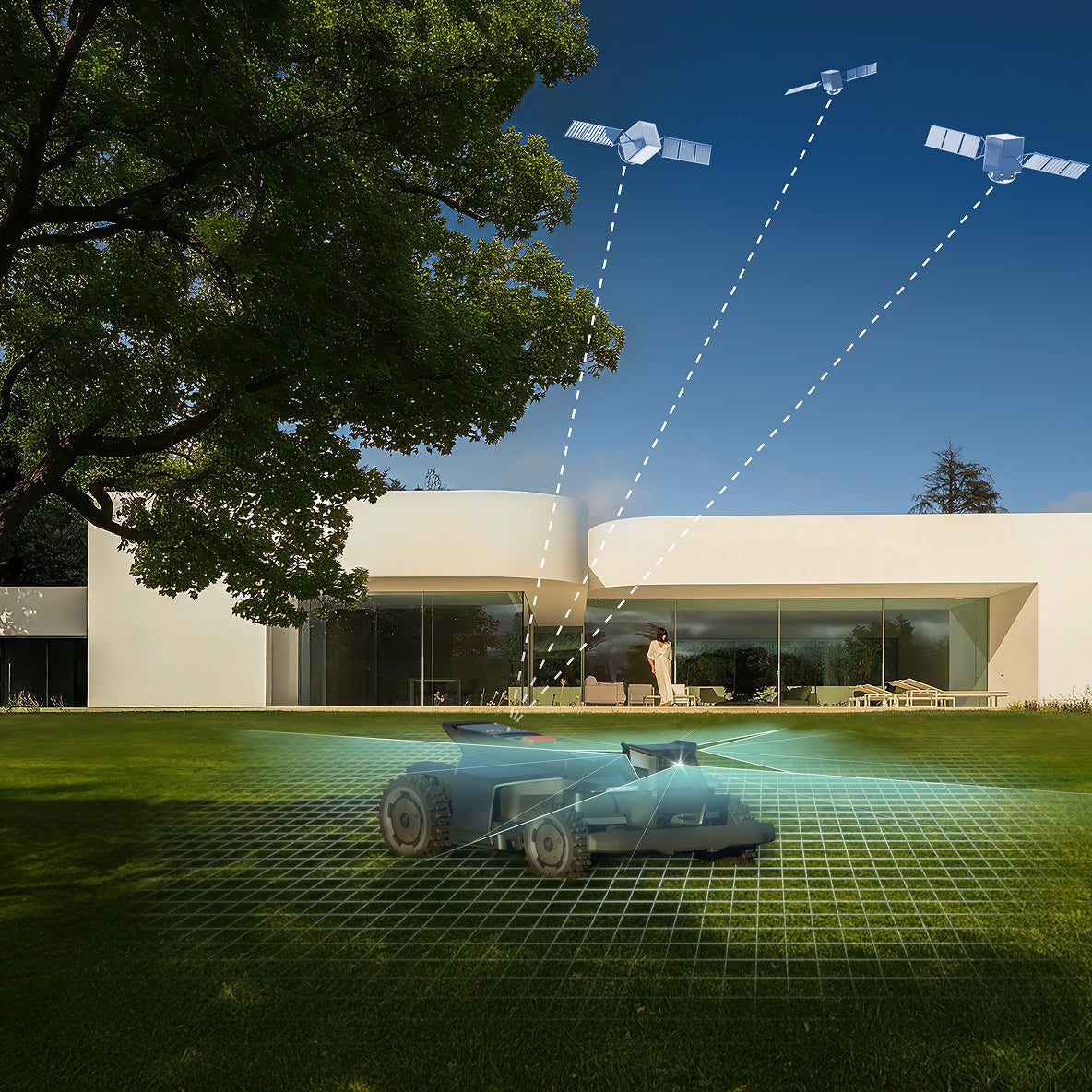 Navimow i110 robot lawn mower mows grass using satellite signals.
