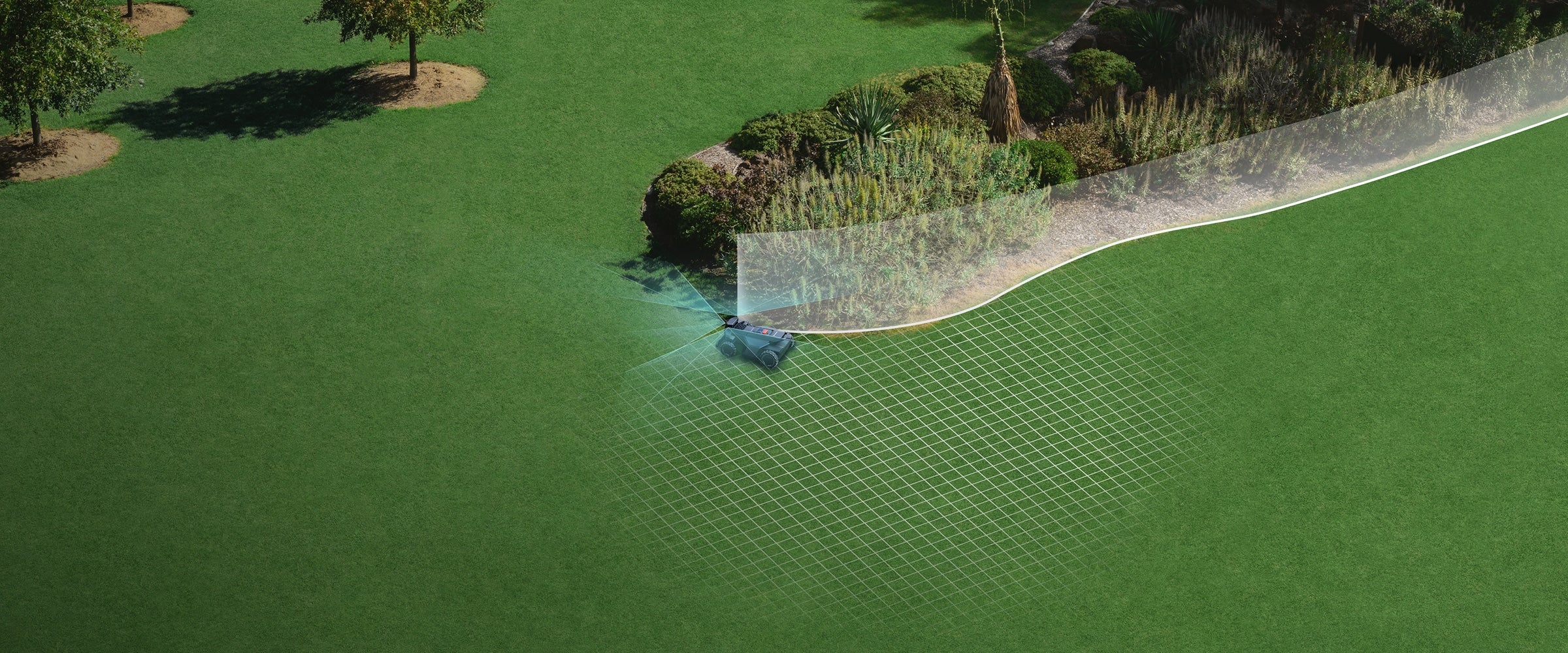 Navimow i110N robot lawn mower maps out a lush lawn.