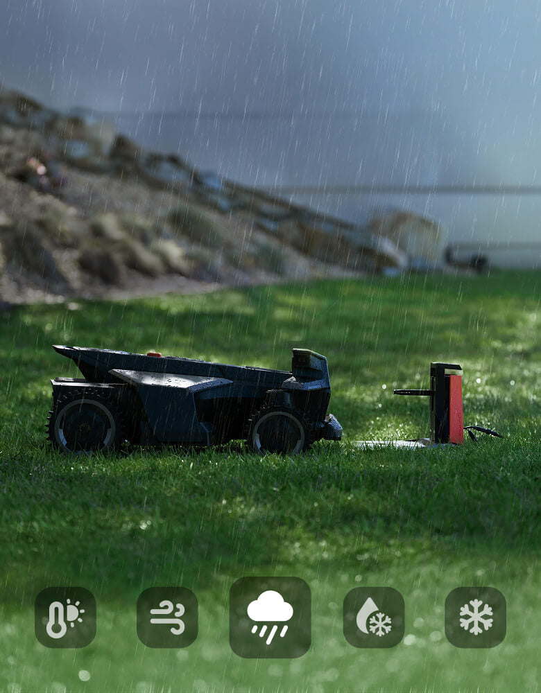 Segway Navimow i105E robot lawn mower mows in heavy rain.