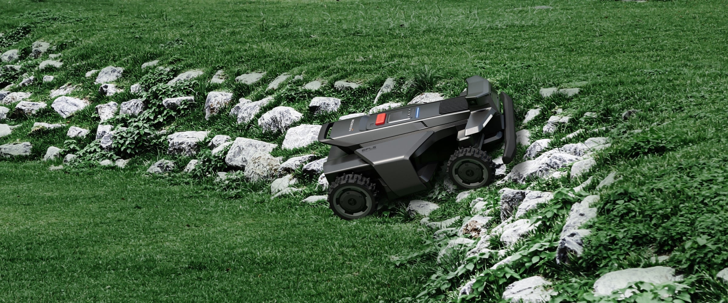Navimow i110N robot lawn mower climbing up a rocky slope.